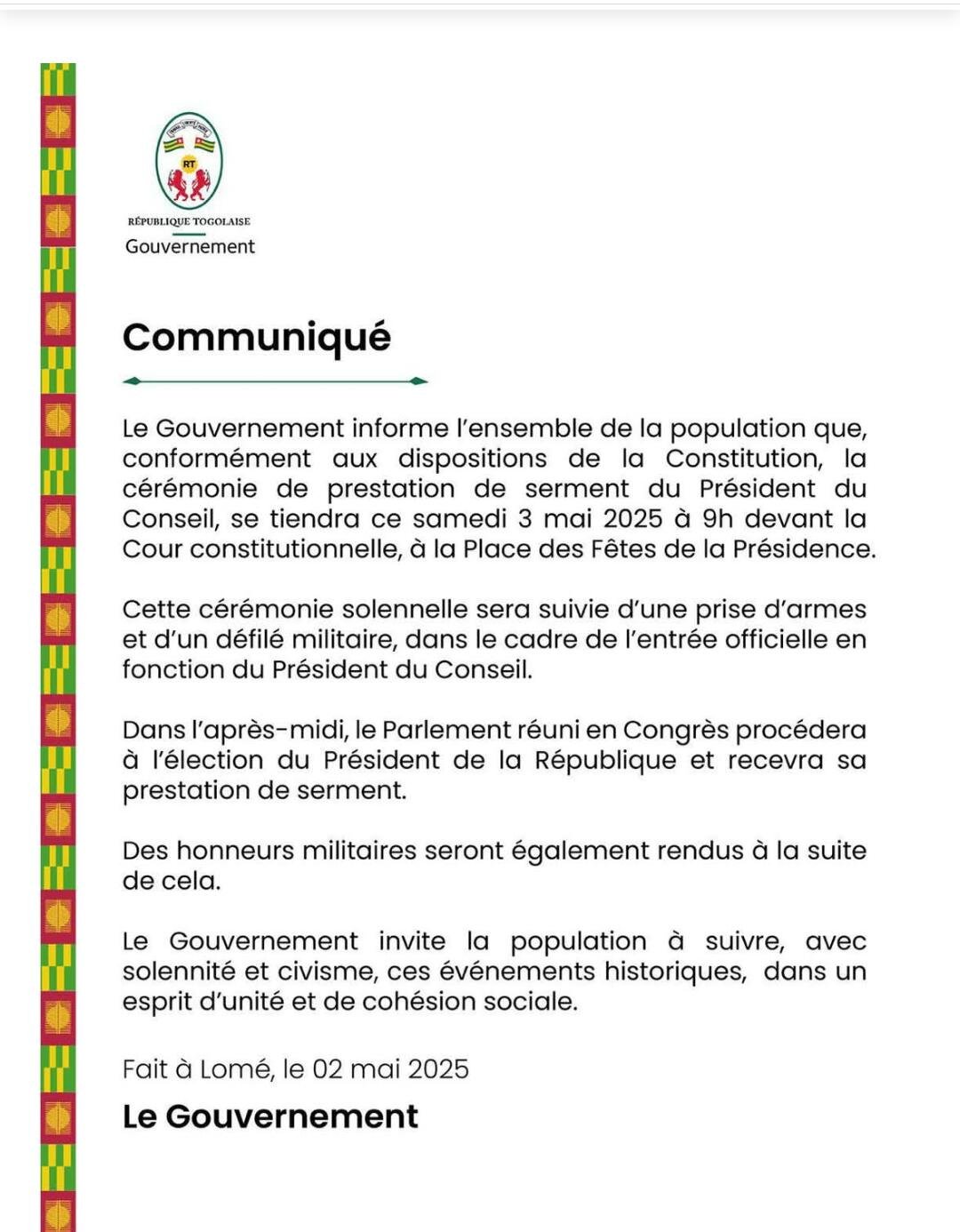 COMMUNIQUE DE LA PRESIDENCE DU TOGO