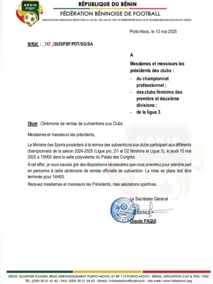 COMMUNIQUE DE LA FEDERATION BENINOISE DE FOOTBALL